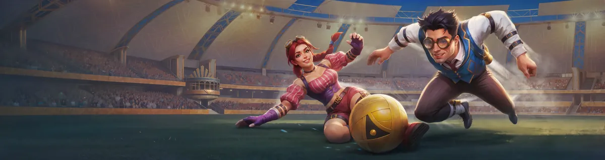 MonsterWin Sportbanner: zwei Figuren jagen einen goldenen Ball im Stadion
